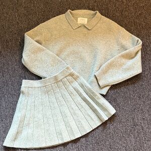 Zara Pale Gray Collared Knit Sweater with Pleated Skirt